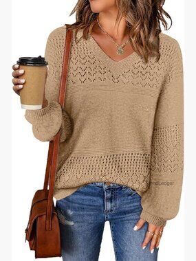 V-Neck Cable Knit Pullover Sweater Long Sleeve Loose Fit Casual Top